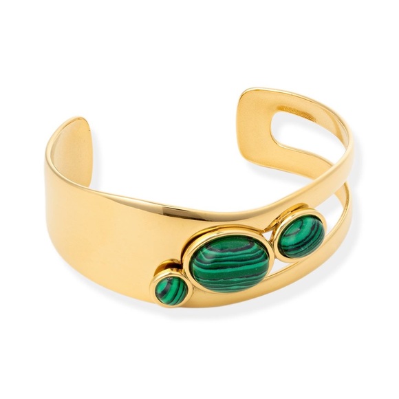 Anthropologie Jewelry - Gold Cuff Bracelet with Green Malachite Style Stones – Adjustable